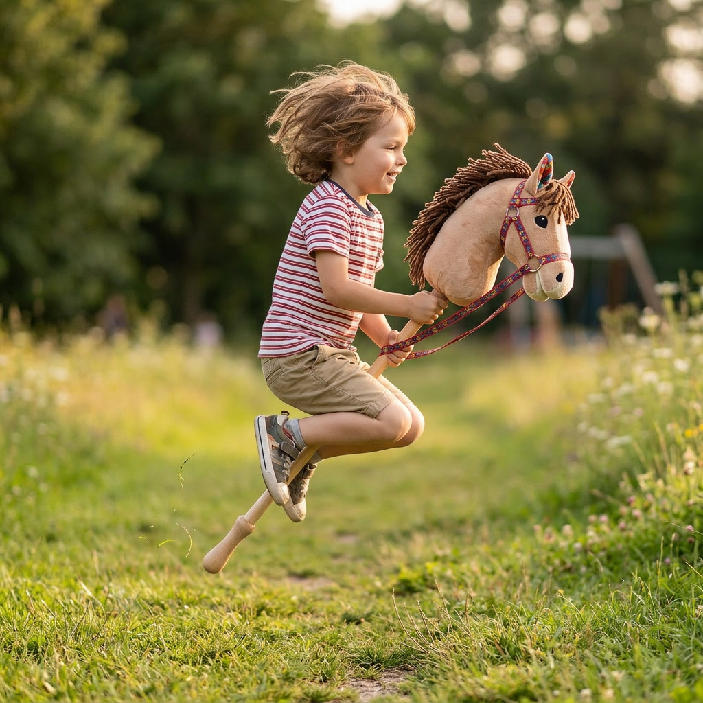Toy horse head on a wooden stick with brown yarn mane and red patterned bridle